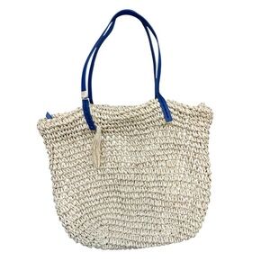 Mark & Graham Raffia Cream and Blue Woven Tote Bag